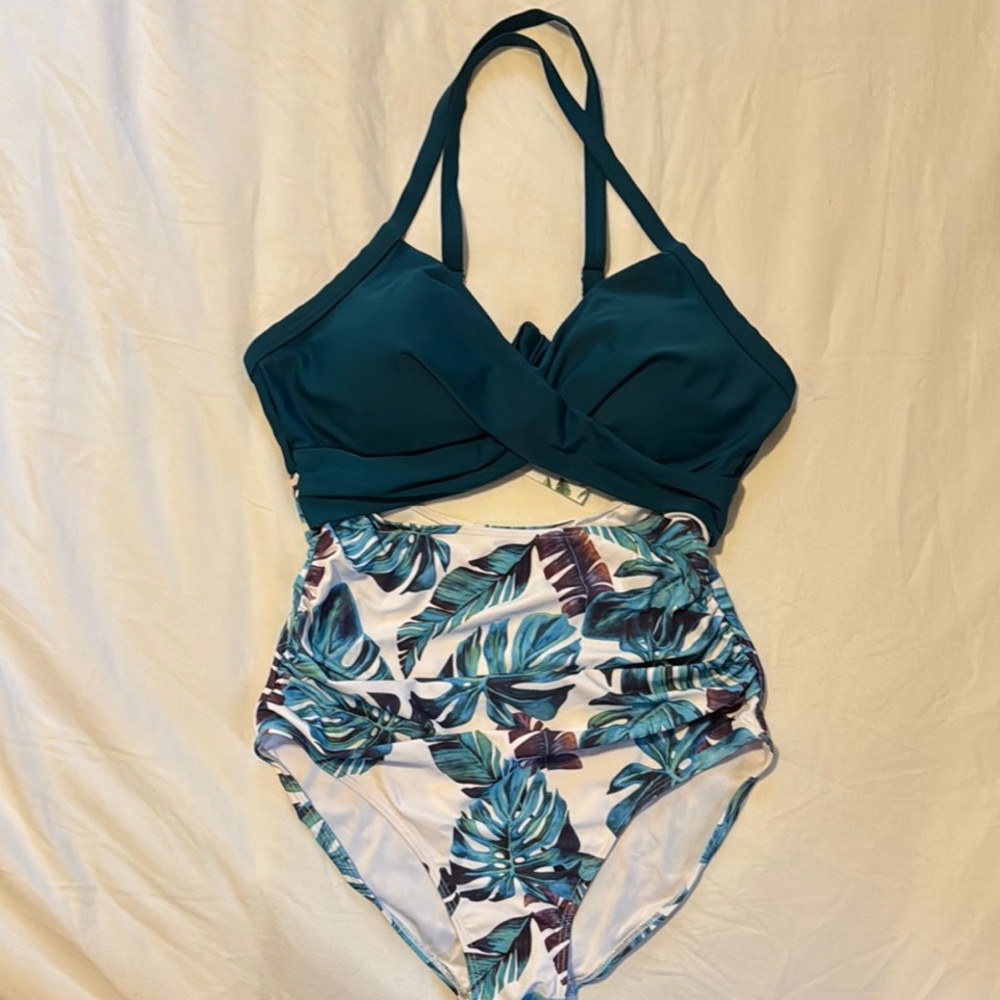 Teal and White Leaf Print One Piece Swimsuit